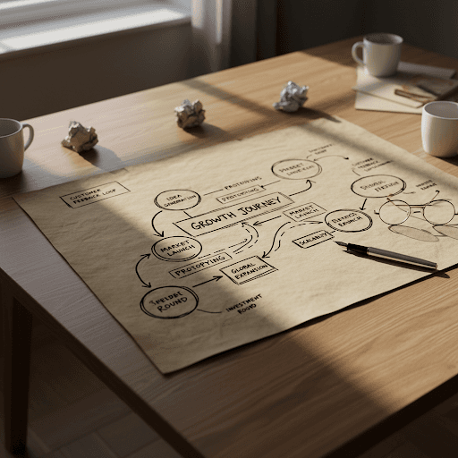 Professional hand-drawn business strategy map on a wooden table