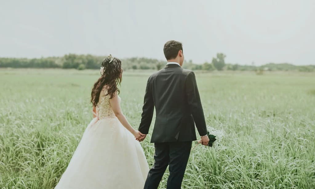 Bride and groom holding hands in a meadow, looking toward the horizon—romantic wedding scene for Spokane wedding professional network